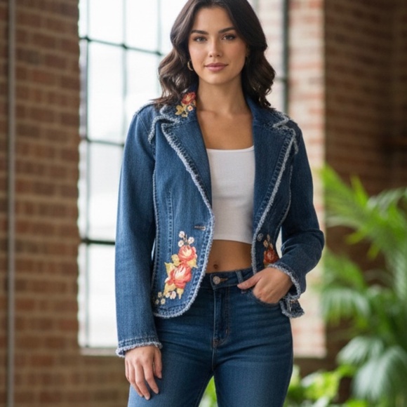 Floral Embroidered Denim Jean Jacket Bohemian Colorful Y2K Kikit Jeans sz Large - Picture 1 of 10
